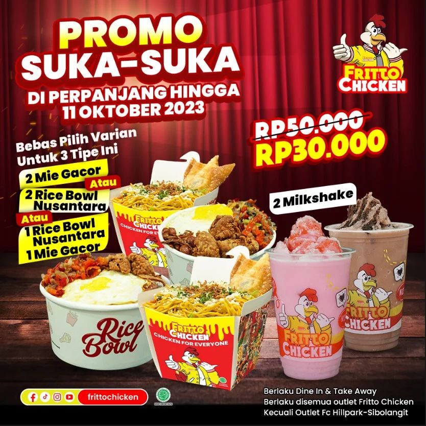 Promo FRITTO CHICKEN SUKA – SUKA! Paket Makan BERDUA cuma 30RB